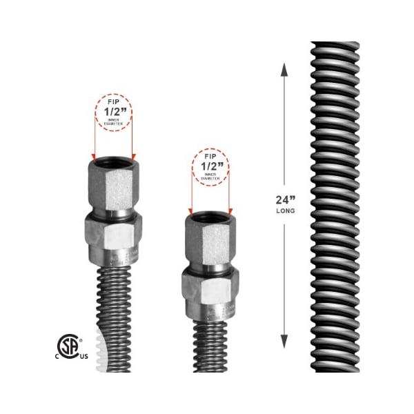 Gas Line Hose 1/2'' O.D. X 24'' Length With 1/2 FIP Fittings, Stainless Steel Flexible Connector